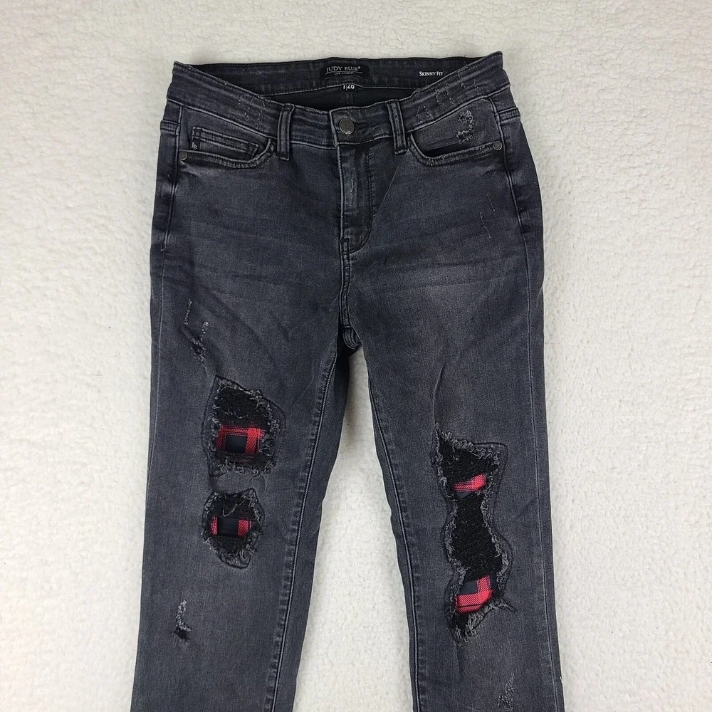 Judy Blue Jeans Womens 7/28 Skinny Fit Distress Buffalo‎ Plaid Dark Gray Wash